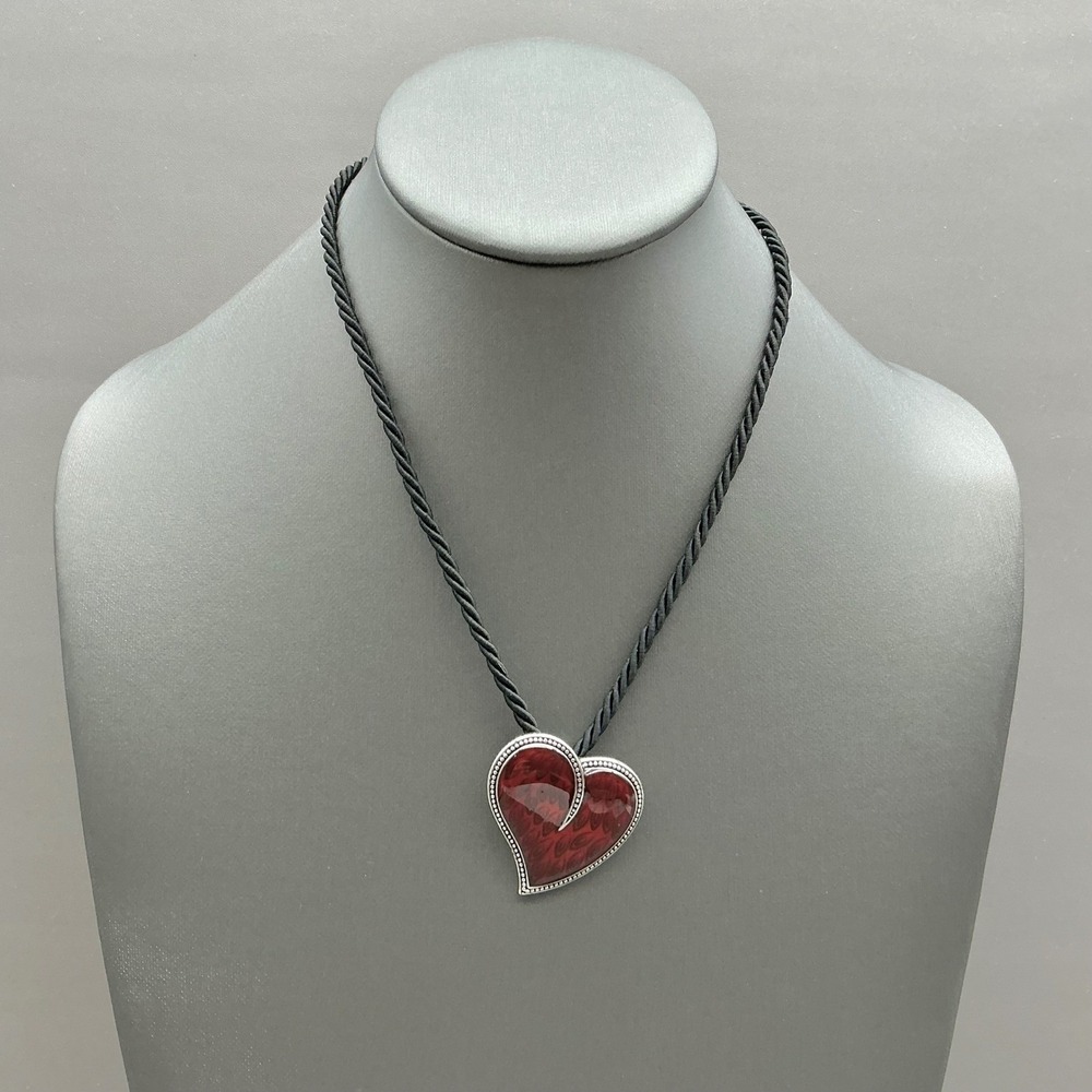 Lia‎ Sophia Necklace Womens Silver Tone Red Heart Pendant Black Silk Cord 16-18"